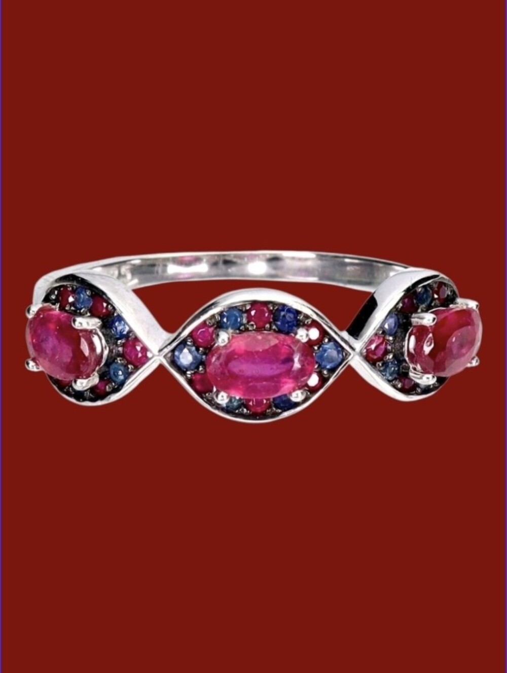 925 Sterling Silver Ring With Natural Ruby 5x3mm & Sapphire Gems